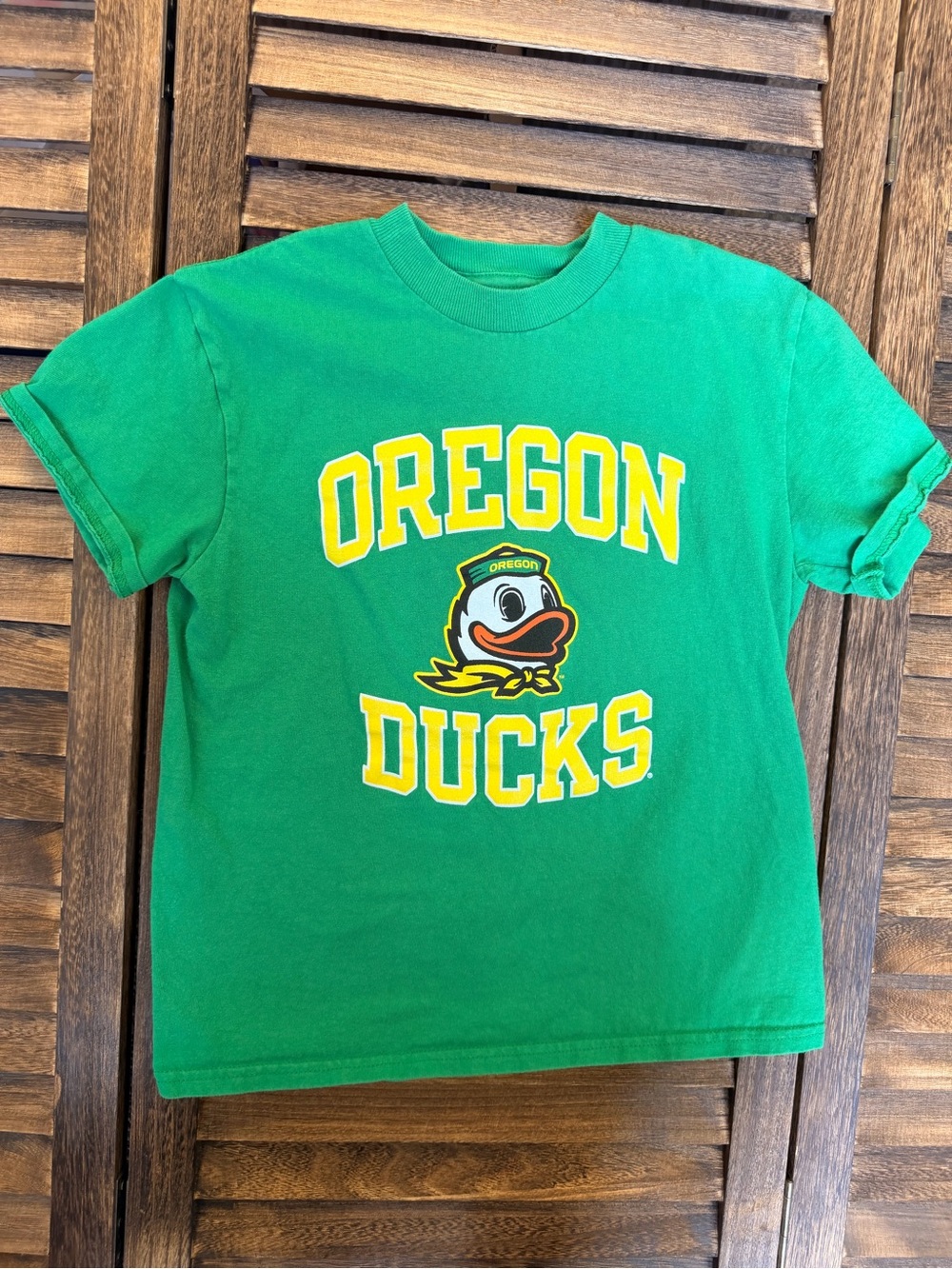 Champion Green Oregon Ducks Short Sleeve Tee with Yellow Puddles Mascot Logo YS
